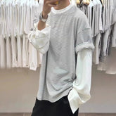 Hearujoy Mens T-Shirt Long Sleeve Y2K Japanese Striped Youthful Top Fake Two-Piece Oversize Niche Fashion Campus T-Shirt Men'S Clothing
